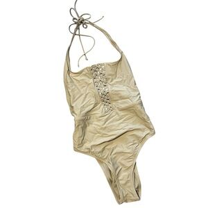 Aerie | Macrame Halter Style High Rise Cheeky One Piece Swimsuit Open Back